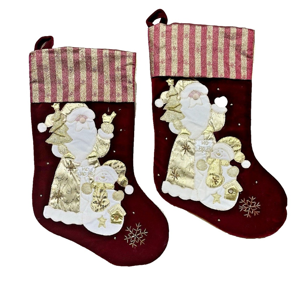 Vintage Santa's‎ Best Burgundy Velvet Christmas Stocking Gold 18" Lot Of 2